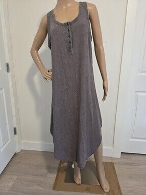 Umgee Grey Sleeveless Linen Blend Henley Midi Dress